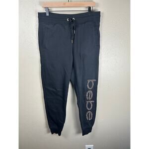 Bebe Sweatpants Size Large Y2K Rhinestone Logo Black Pull On Joggers Athleisure